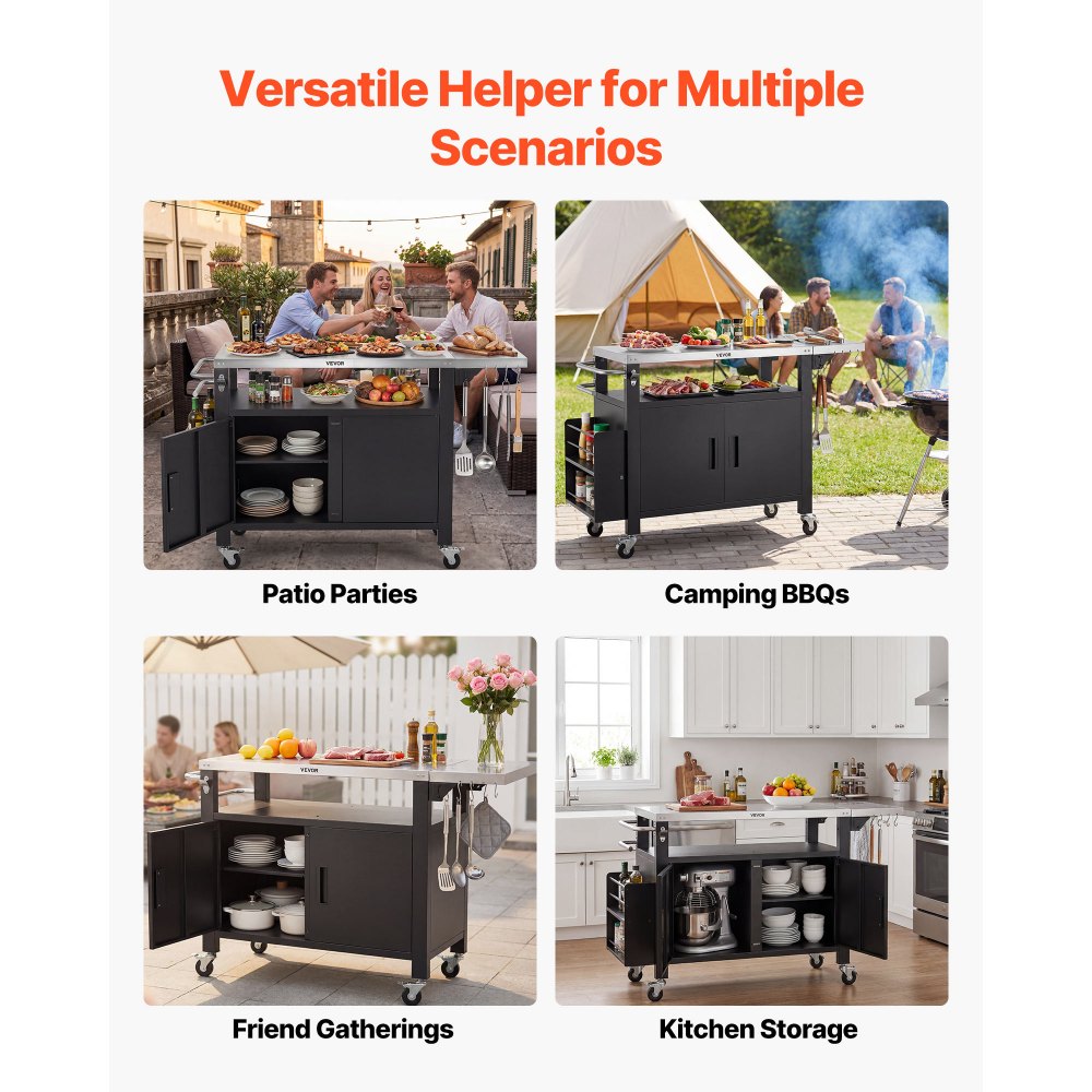 VEVOR Mesa de Barbacoa 140 x 46 x 90,2 cm Tablero de Acero Inoxidable, Carrito de Cocina con Ruedas, Con Armario de Almacenamiento, Con Toallero, Con Especiero, Para Jardín, Bar, Zona de Barbacoa