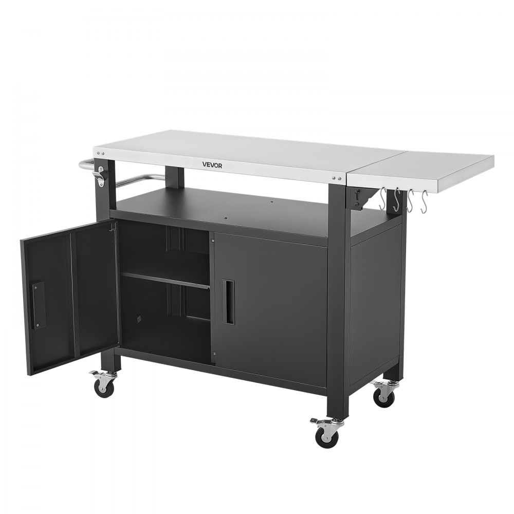 VEVOR Mesa de Barbacoa 140 x 46 x 90,2 cm Tablero de Acero Inoxidable, Carrito de Cocina con Ruedas, Con Armario de Almacenamiento, Con Toallero, Con Especiero, Para Jardín, Bar, Zona de Barbacoa