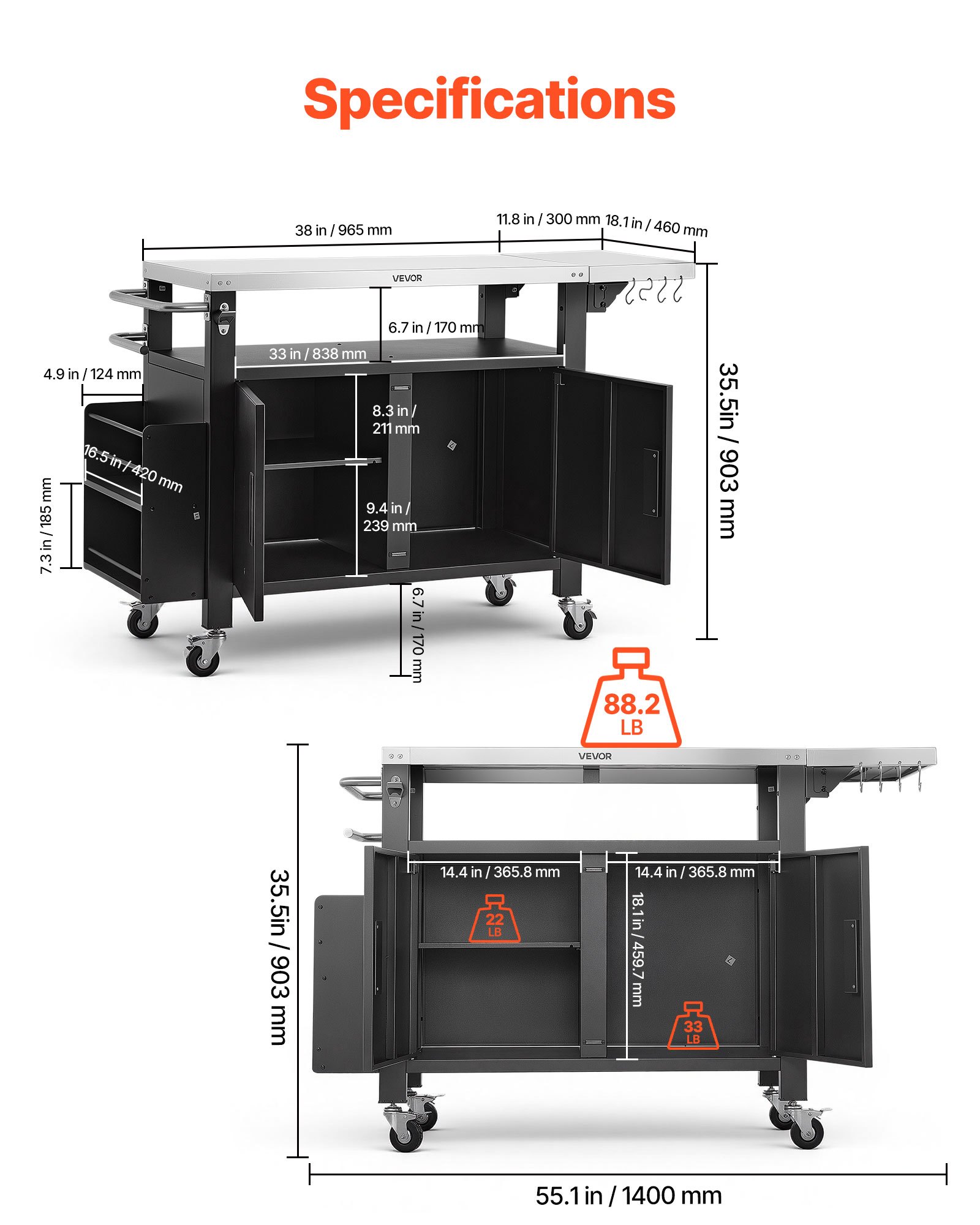 VEVOR Mesa de Barbacoa 140 x 46 x 90,2 cm Tablero de Acero Inoxidable, Carrito de Cocina con Ruedas, Con Armario de Almacenamiento, Con Toallero, Con Especiero, Para Jardín, Bar, Zona de Barbacoa