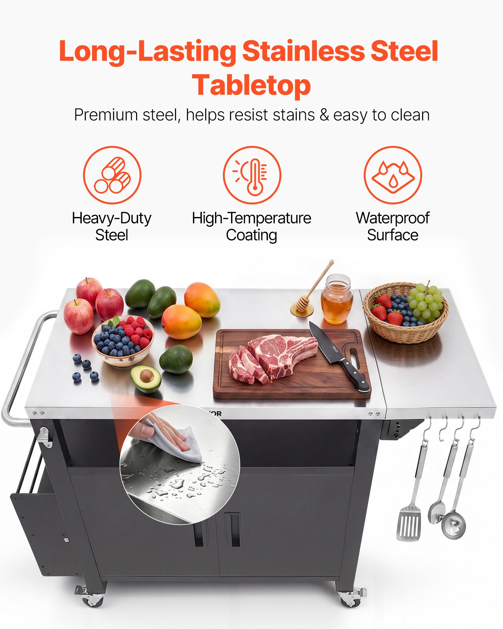 VEVOR Mesa de Barbacoa 140 x 46 x 90,2 cm Tablero de Acero Inoxidable, Carrito de Cocina con Ruedas, Con Armario de Almacenamiento, Con Toallero, Con Especiero, Para Jardín, Bar, Zona de Barbacoa