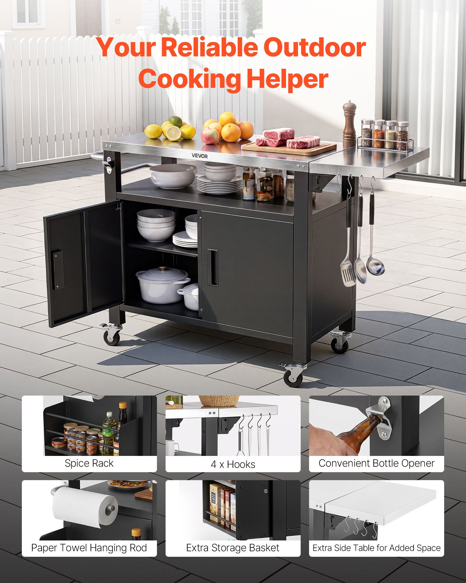 VEVOR Mesa de Barbacoa 140 x 46 x 90,2 cm Tablero de Acero Inoxidable, Carrito de Cocina con Ruedas, Con Armario de Almacenamiento, Con Toallero, Con Especiero, Para Jardín, Bar, Zona de Barbacoa