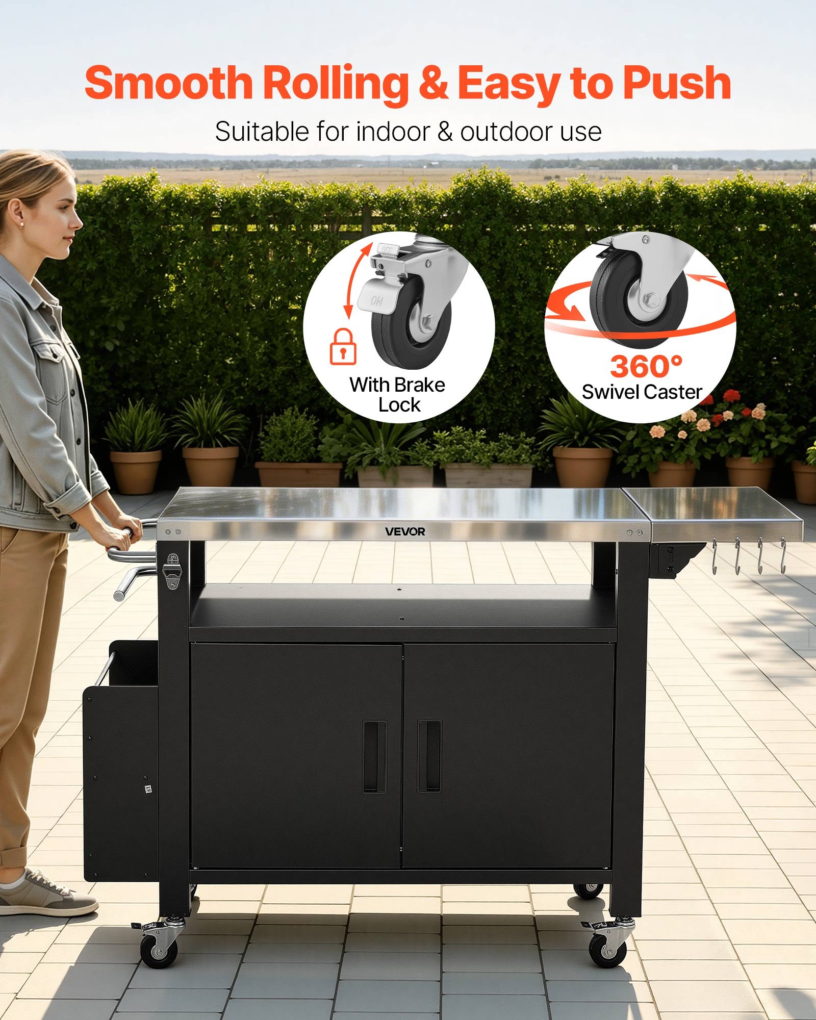 VEVOR Mesa de Barbacoa 140 x 46 x 90,2 cm Tablero de Acero Inoxidable, Carrito de Cocina con Ruedas, Con Armario de Almacenamiento, Con Toallero, Con Especiero, Para Jardín, Bar, Zona de Barbacoa