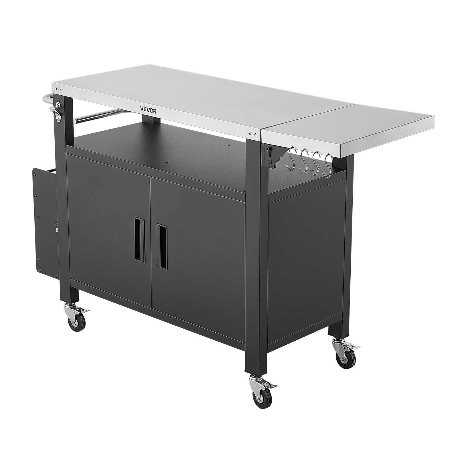 VEVOR Mesa de Barbacoa 140 x 46 x 90,2 cm Tablero de Acero Inoxidable, Carrito de Cocina con Ruedas, Con Armario de Almacenamiento, Con Toallero, Con Especiero, Para Jardín, Bar, Zona de Barbacoa