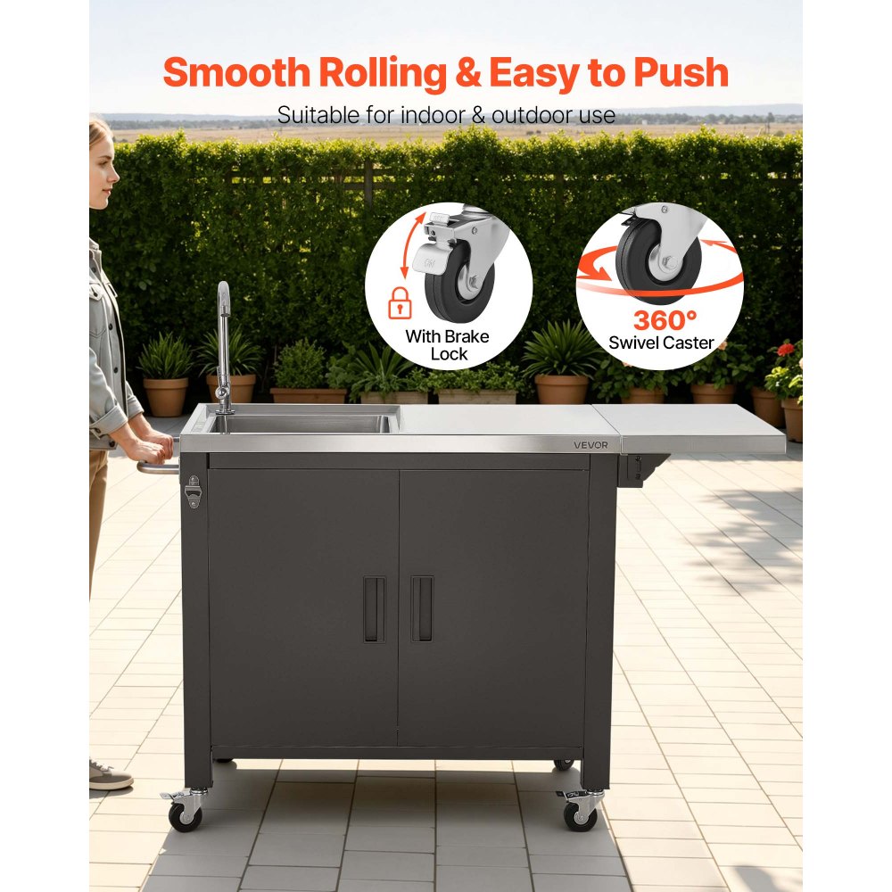 VEVOR Mesa de Barbacoa 132 x 46 x 90,9 cm Tablero de Acero Inoxidable, Carrito de Cocina con Fregadero, Con Ruedas, Con Armario de Almacenamiento, Con Toallero, Para Jardín, Bar, Zona de Barbacoa