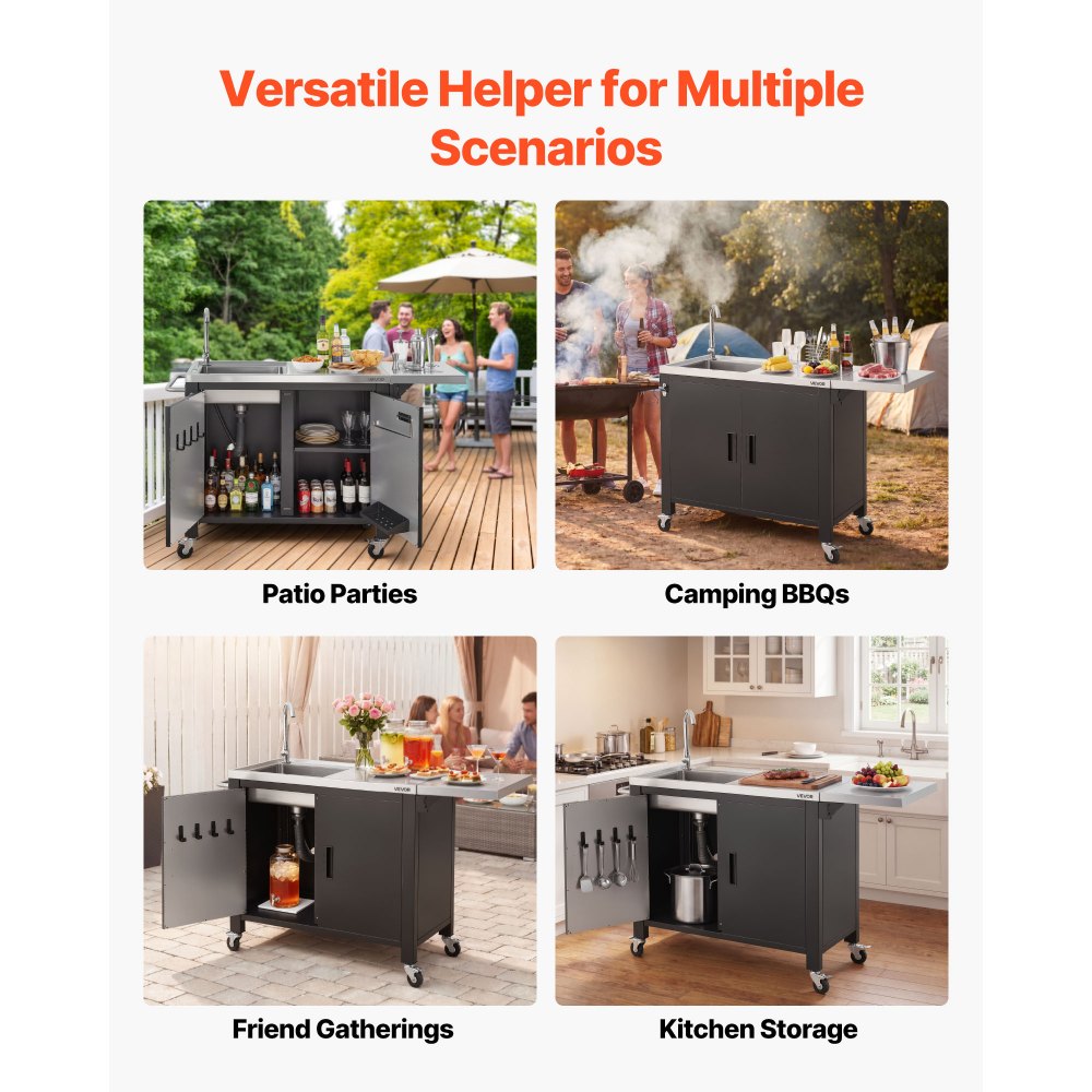 VEVOR Mesa de Barbacoa 132 x 46 x 90,9 cm Tablero de Acero Inoxidable, Carrito de Cocina con Fregadero, Con Ruedas, Con Armario de Almacenamiento, Con Toallero, Para Jardín, Bar, Zona de Barbacoa