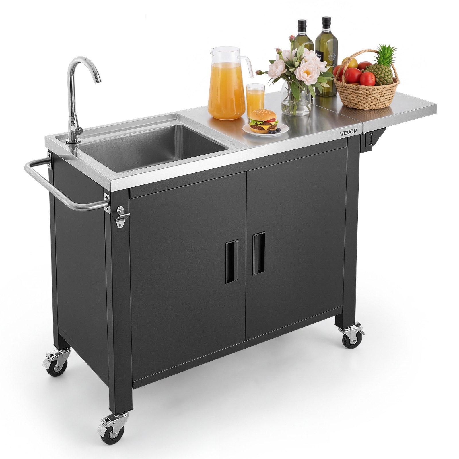 VEVOR Mesa de Barbacoa 132 x 46 x 90,9 cm Tablero de Acero Inoxidable, Carrito de Cocina con Fregadero, Con Ruedas, Con Armario de Almacenamiento, Con Toallero, Para Jardín, Bar, Zona de Barbacoa