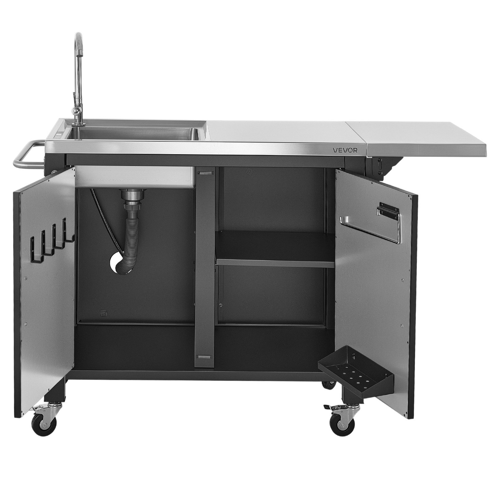 VEVOR Mesa de Barbacoa 132 x 46 x 90,9 cm Tablero de Acero Inoxidable, Carrito de Cocina con Fregadero, Con Ruedas, Con Armario de Almacenamiento, Con Toallero, Para Jardín, Bar, Zona de Barbacoa