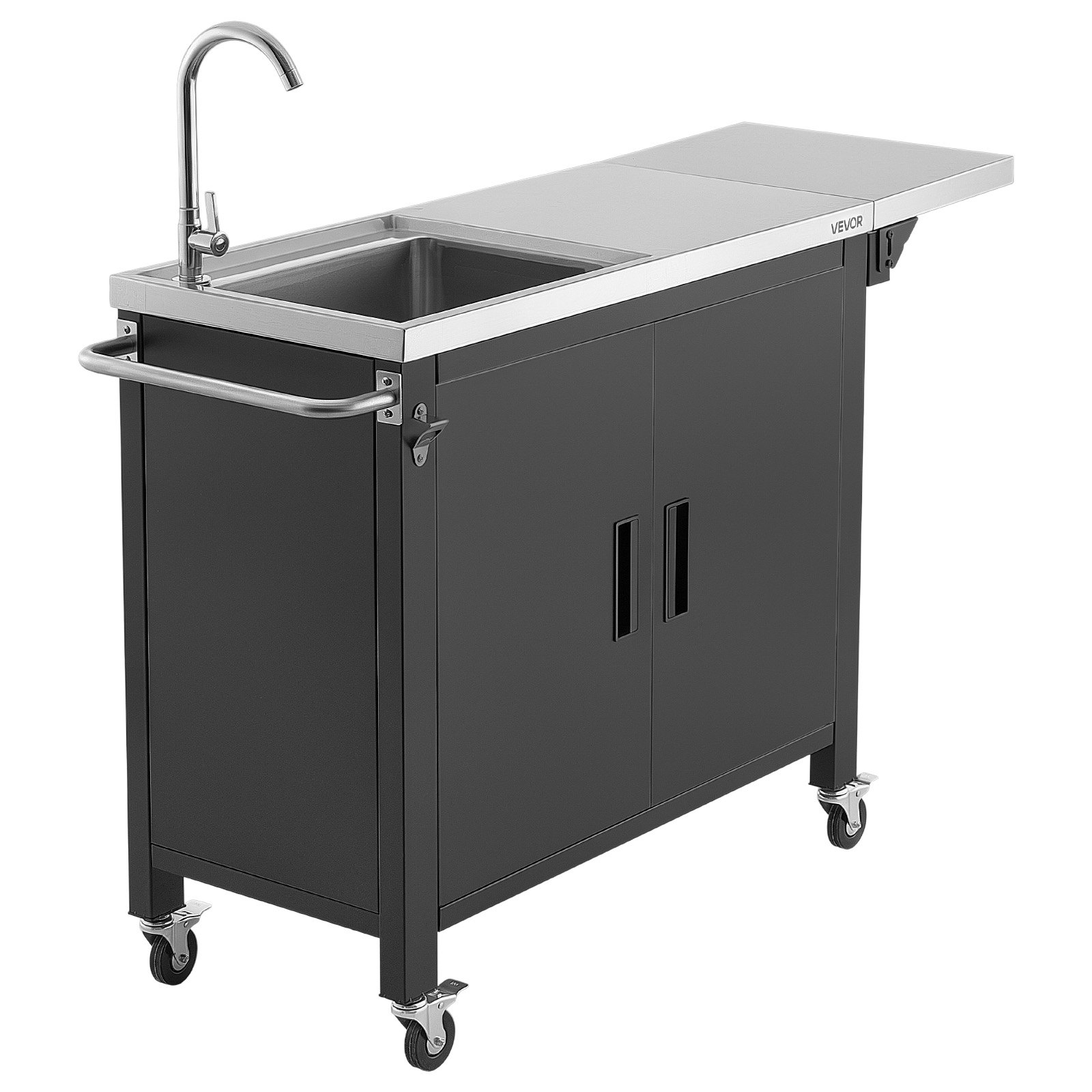 VEVOR Mesa de Barbacoa 132 x 46 x 90,9 cm Tablero de Acero Inoxidable, Carrito de Cocina con Fregadero, Con Ruedas, Con Armario de Almacenamiento, Con Toallero, Para Jardín, Bar, Zona de Barbacoa