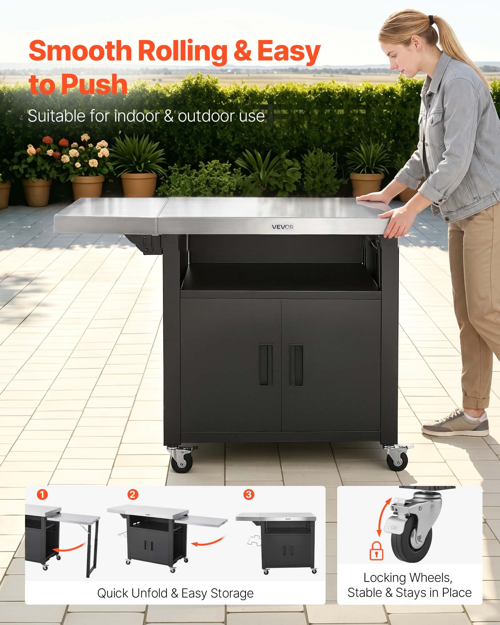 VEVOR Mesa de Barbacoa 190 x 60,9 x 91,6 cm Tablero de Acero Inoxidable, Carrito para Parrilla con Mesa Auxiliar, Con Armario de Almacenamiento, Con Toallero, Para Jardín, Bar, Zona de Barbacoa