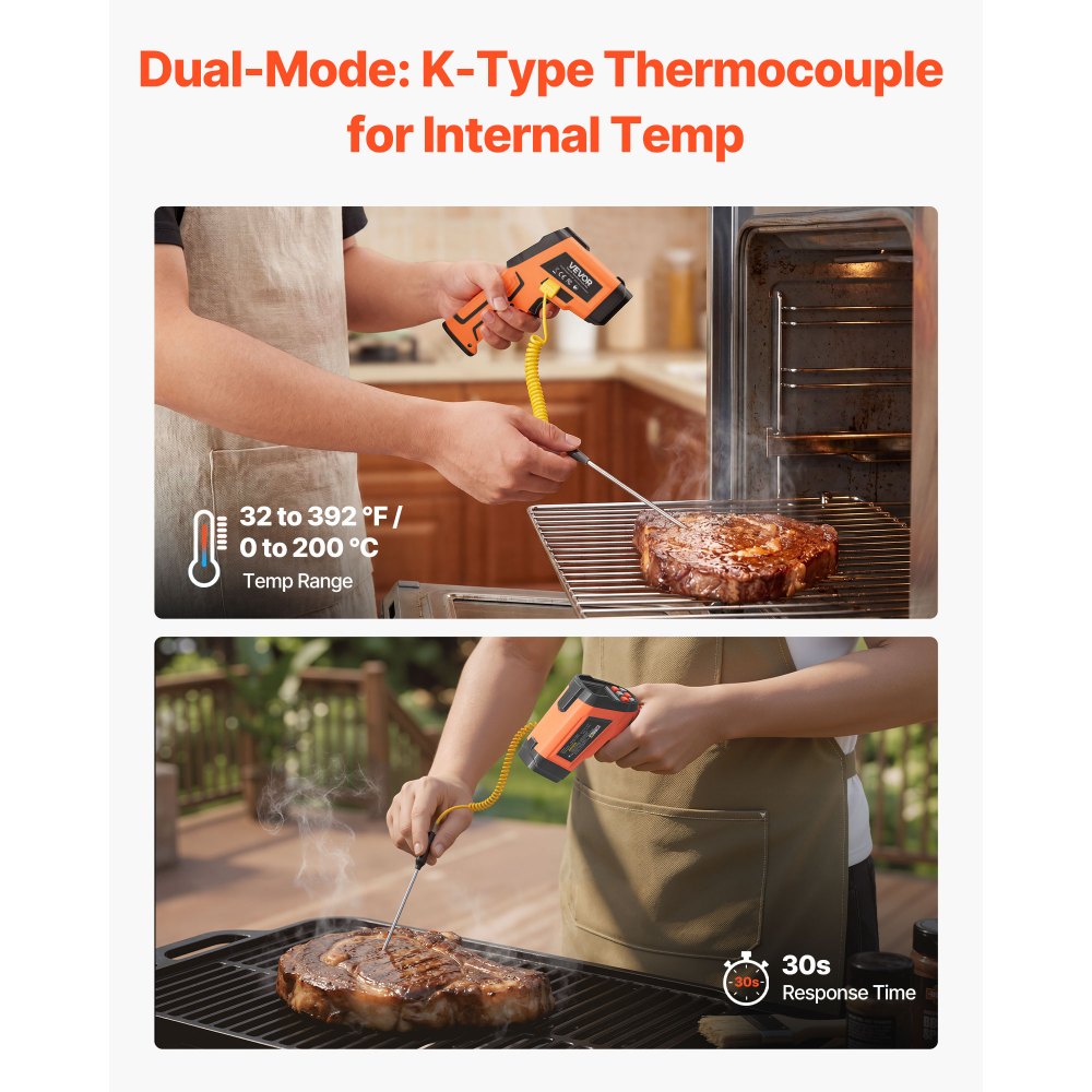 VEVOR Termómetro Infrarrojo con Sonda Tipo K, Modo Dual -30 a 1200 °C, Pistola Termómetro Láser Dual Digital 50:1 con Emisividad de 0,10 a 1,0 para Cocina Motor Automoción (No Apto para Uso Humano)