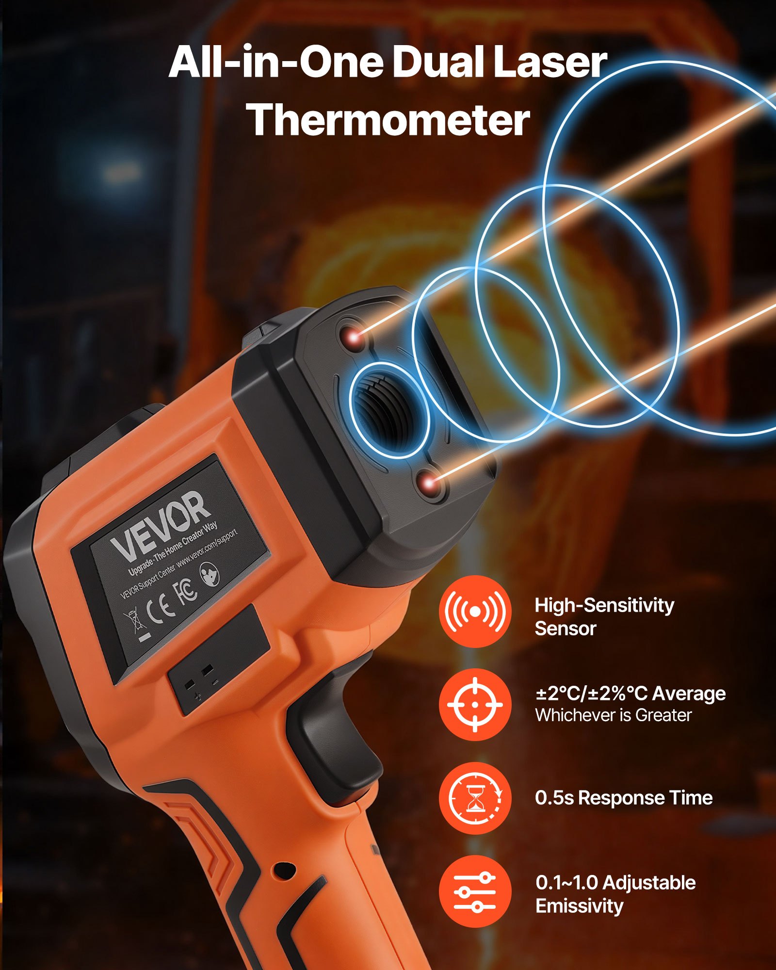 VEVOR Termómetro Infrarrojo con Sonda Tipo K, Modo Dual -30 a 1200 °C, Pistola Termómetro Láser Dual Digital 50:1 con Emisividad de 0,10 a 1,0 para Cocina Motor Automoción (No Apto para Uso Humano)