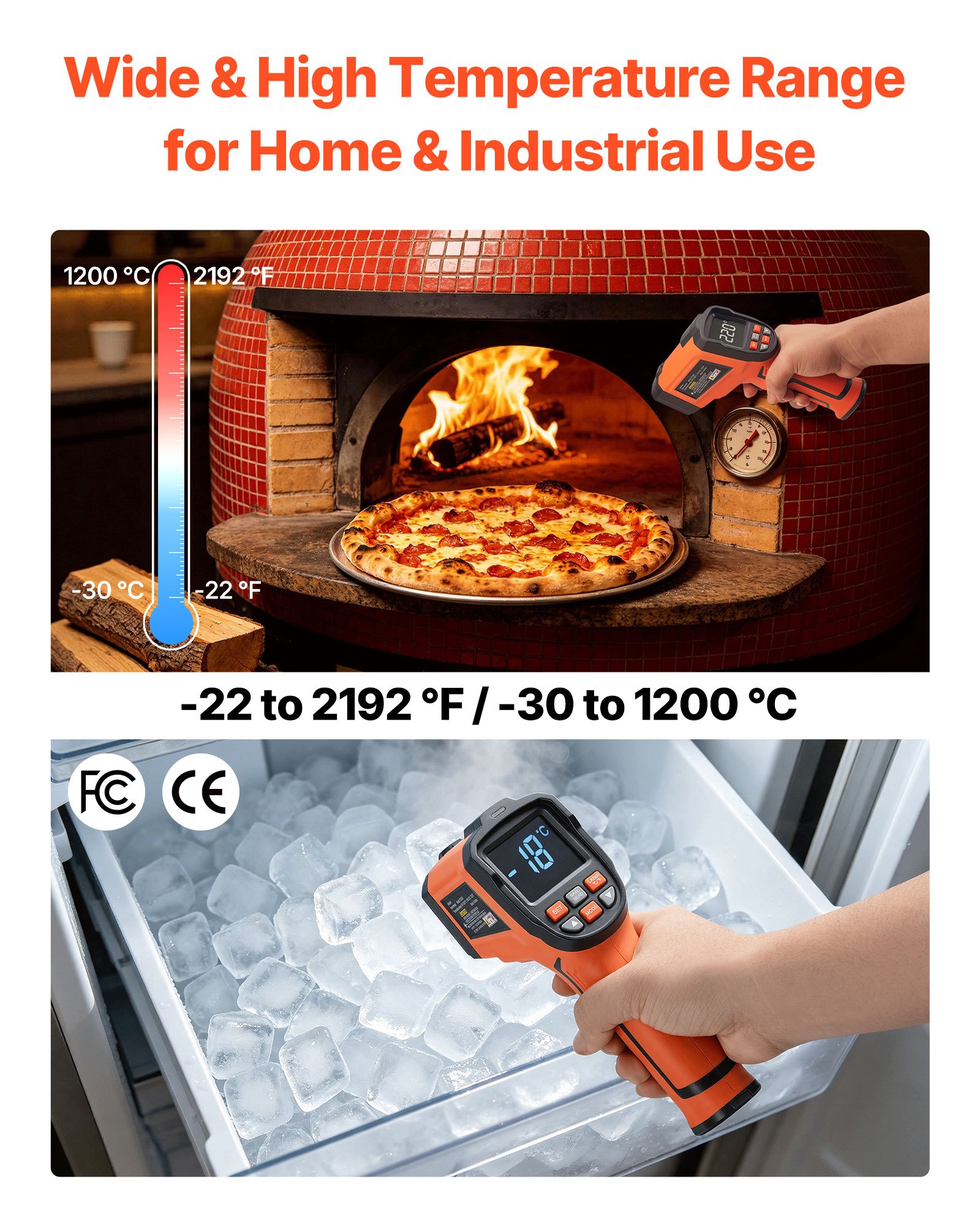 VEVOR Termómetro Infrarrojo con Sonda Tipo K, Modo Dual -30 a 1200 °C, Pistola Termómetro Láser Dual Digital 50:1 con Emisividad de 0,10 a 1,0 para Cocina Motor Automoción (No Apto para Uso Humano)