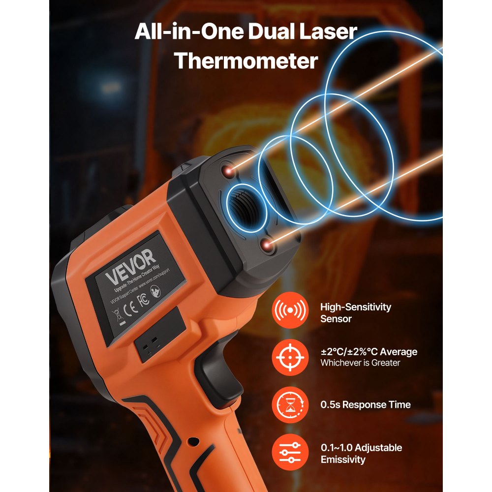 VEVOR Termómetro Infrarrojo con Sonda Tipo K, Modo Dual -30 a 1600 °C, Pistola Termómetro Láser Digital 50:1 con Emisividad de 0,10 a 1,0 para Cocina Industria Automoción (No Apto para Uso Humano)