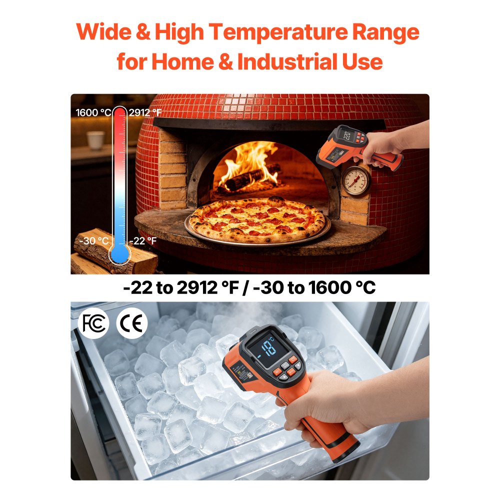 VEVOR Termómetro Infrarrojo con Sonda Tipo K, Modo Dual -30 a 1600 °C, Pistola Termómetro Láser Digital 50:1 con Emisividad de 0,10 a 1,0 para Cocina Industria Automoción (No Apto para Uso Humano)