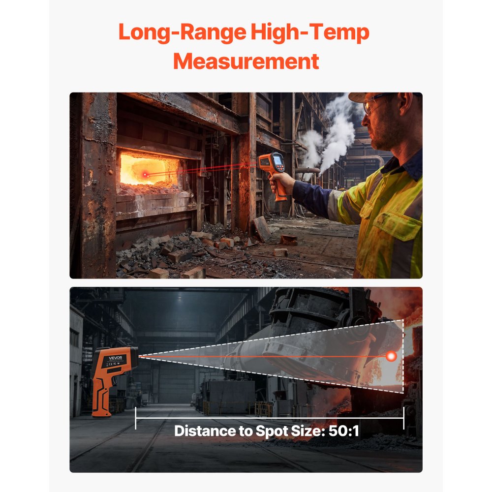 VEVOR Termómetro Infrarrojo con Sonda Tipo K, Modo Dual -30 a 1600 °C, Pistola Termómetro Láser Digital 50:1 con Emisividad de 0,10 a 1,0 para Cocina Industria Automoción (No Apto para Uso Humano)
