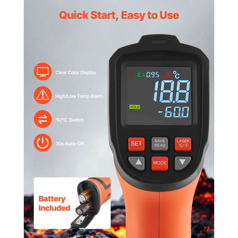 VEVOR Termómetro Infrarrojo con Sonda Tipo K, Modo Dual -30 a 1600 °C, Pistola Termómetro Láser Digital 50:1 con Emisividad de 0,10 a 1,0 para Cocina Industria Automoción (No Apto para Uso Humano)