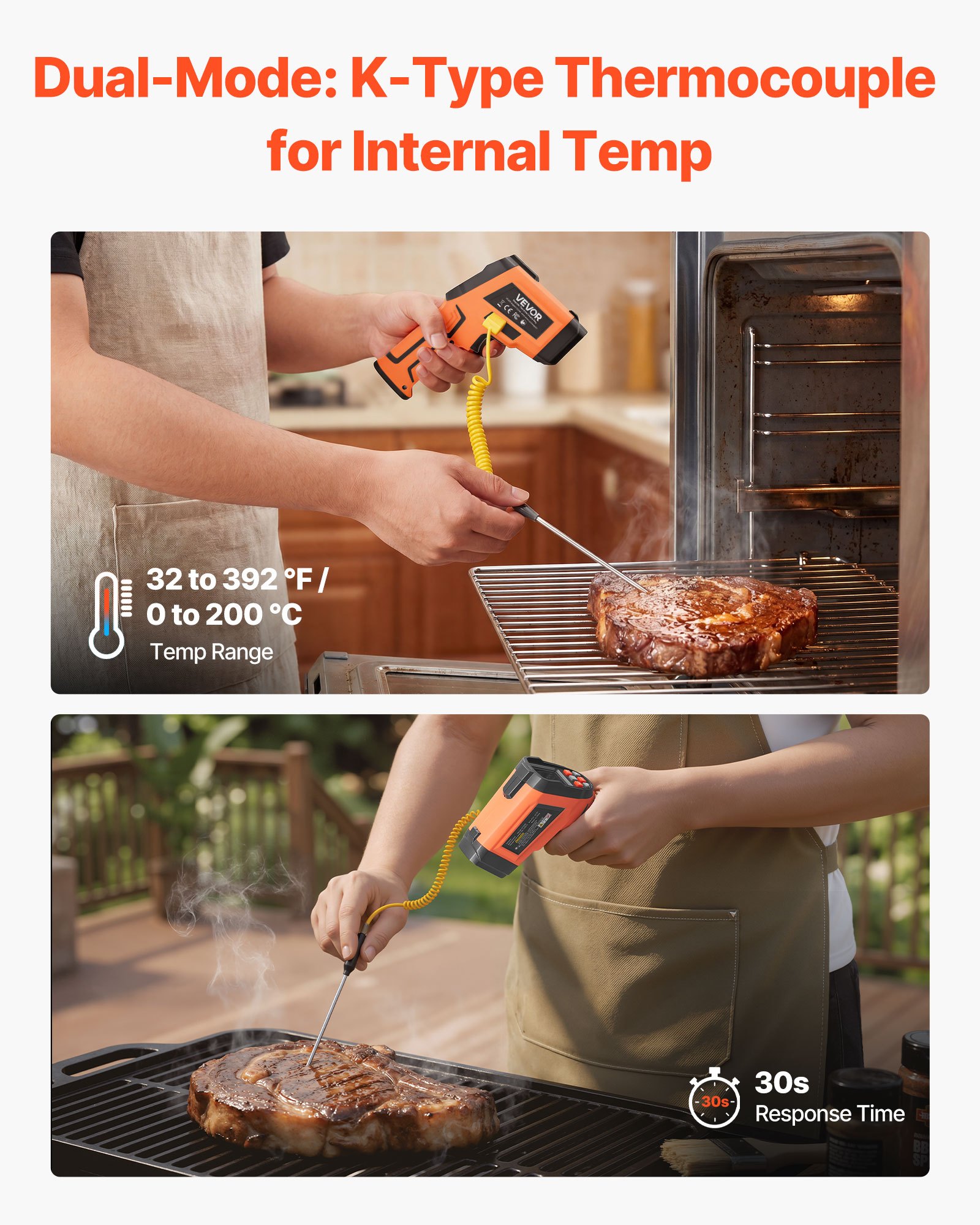 VEVOR Termómetro Infrarrojo con Sonda Tipo K, Modo Dual -30 a 1600 °C, Pistola Termómetro Láser Digital 50:1 con Emisividad de 0,10 a 1,0 para Cocina Industria Automoción (No Apto para Uso Humano)