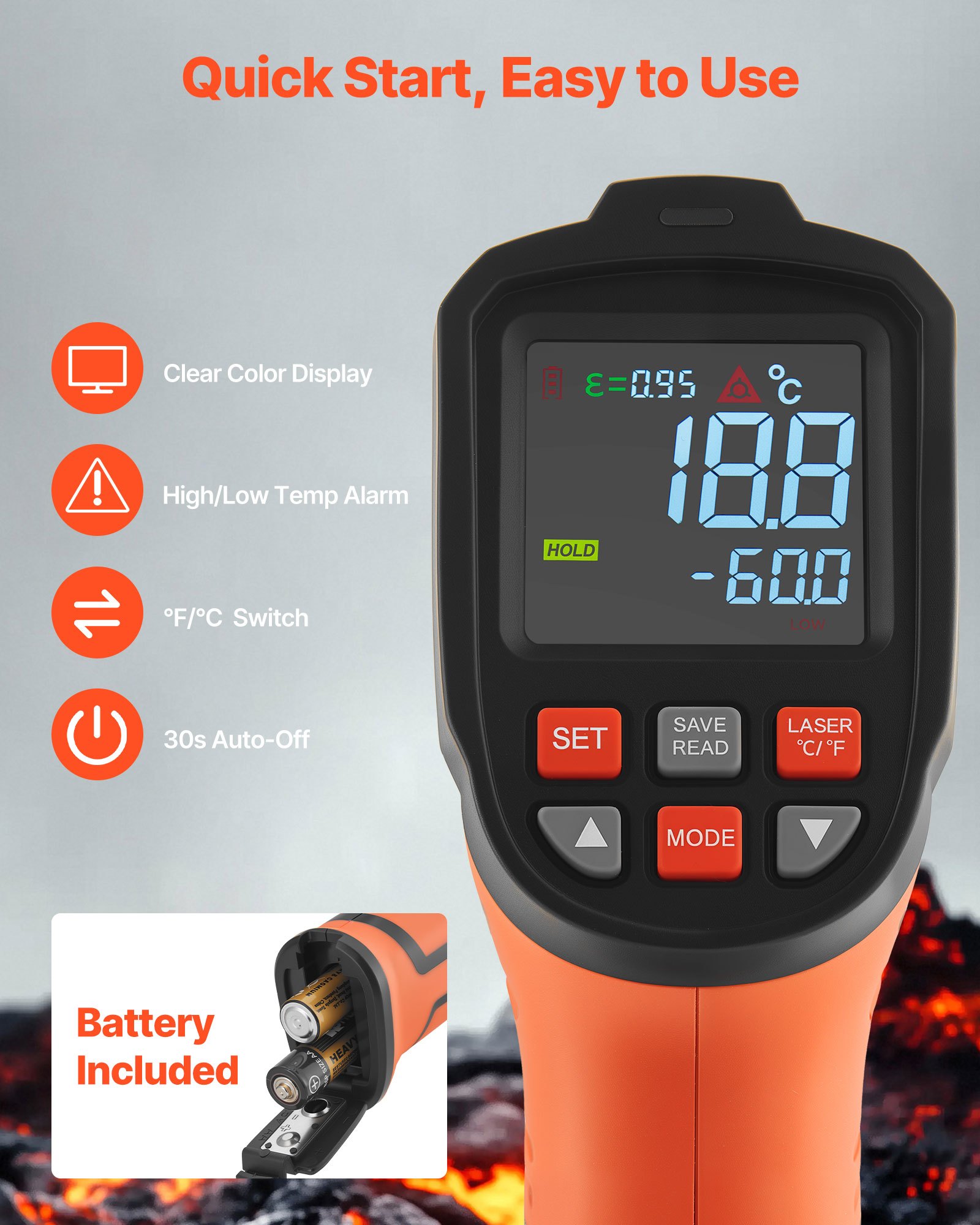 VEVOR Termómetro Infrarrojo con Sonda Tipo K, Modo Dual -30 a 1600 °C, Pistola Termómetro Láser Digital 50:1 con Emisividad de 0,10 a 1,0 para Cocina Industria Automoción (No Apto para Uso Humano)