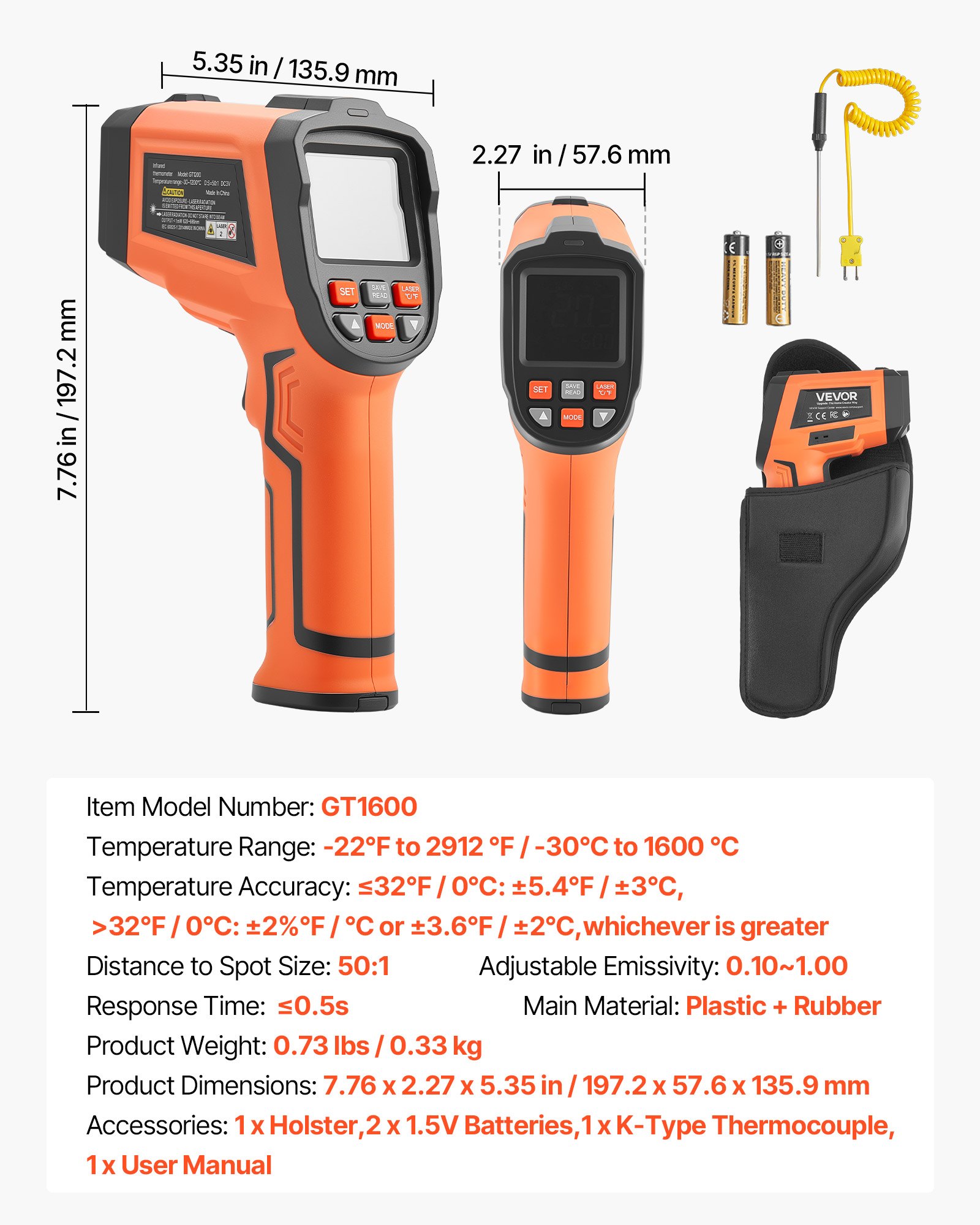 VEVOR Termómetro Infrarrojo con Sonda Tipo K, Modo Dual -30 a 1600 °C, Pistola Termómetro Láser Digital 50:1 con Emisividad de 0,10 a 1,0 para Cocina Industria Automoción (No Apto para Uso Humano)