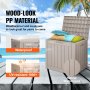 Caja de cubierta VEVOR en material PP con apariencia de madera, que muestra características resistentes al agua y a los rayos UV en la playa.