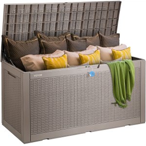 VEVOR Caja de Jardín 1220x546x623 mm Caja de Almacenamiento Exterior 378,5 L PP Candado Impermeable Aleación de Aluminio para Piscina, Juguetes, Herramientas, Cojines Terraza, Balcón, Interior, Gris | VEVOR ES