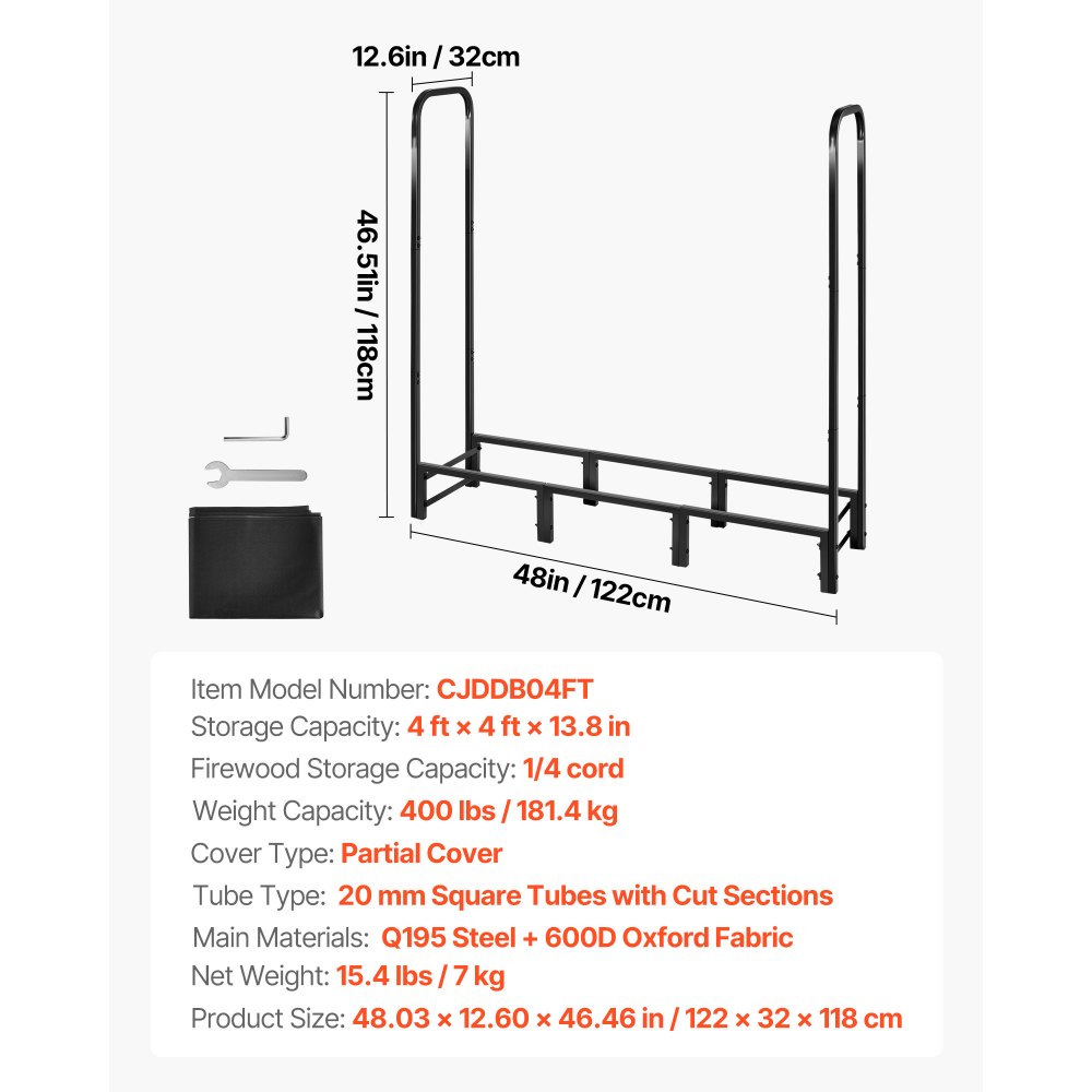 VEVOR Estante de Almacenamiento de Leña 122 x 32 x 118 cm Marco de Metal con Recubrimiento en Polvo con Media Cubierta Soporte de Leña Carga de 181,4 kg para Chimenea, Terraza, Patio, Jardín, Negro