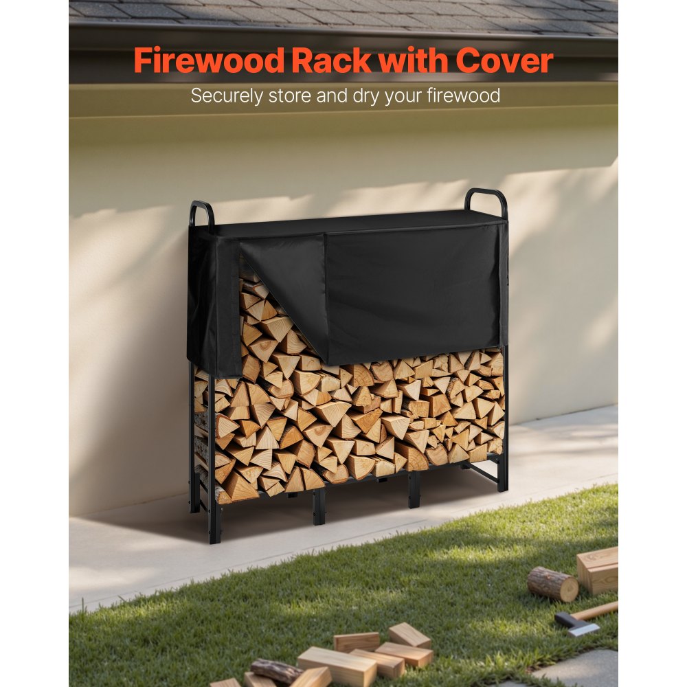 VEVOR Estante de Almacenamiento de Leña 122 x 32 x 118 cm Marco de Metal con Recubrimiento en Polvo con Media Cubierta Soporte de Leña Carga de 181,4 kg para Chimenea, Terraza, Patio, Jardín, Negro