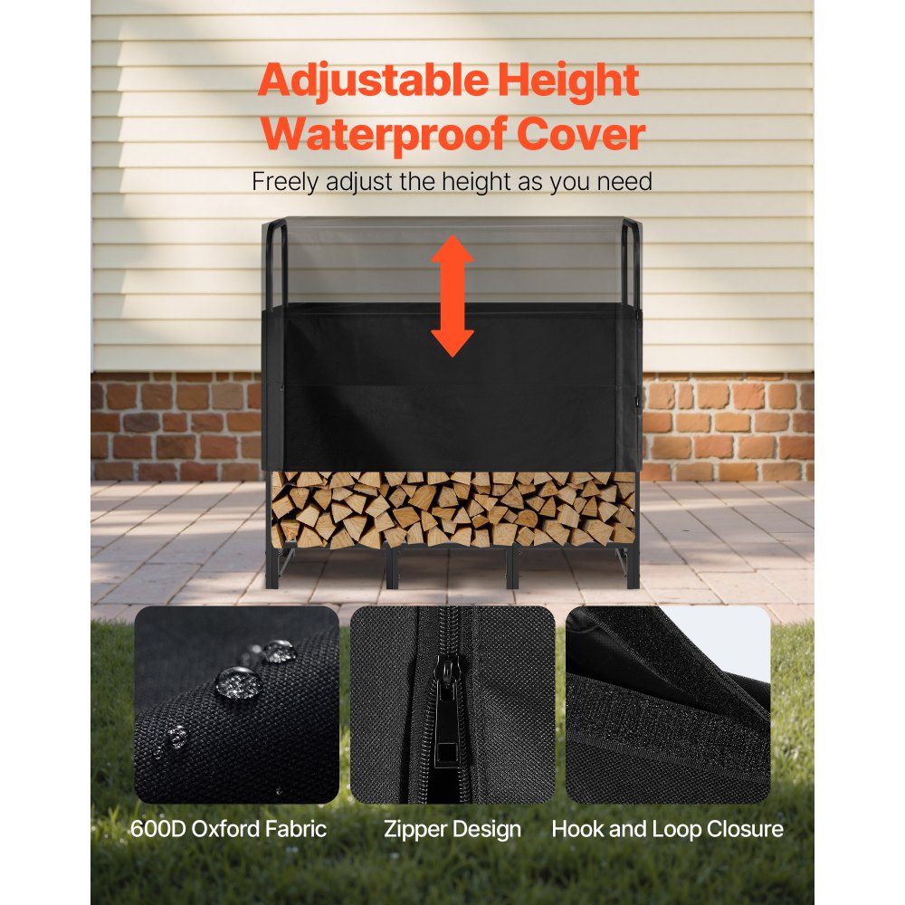 VEVOR Estante de Almacenamiento de Leña 122 x 32 x 118 cm Marco de Metal con Recubrimiento en Polvo con Media Cubierta Soporte de Leña Carga de 181,4 kg para Chimenea, Terraza, Patio, Jardín, Negro