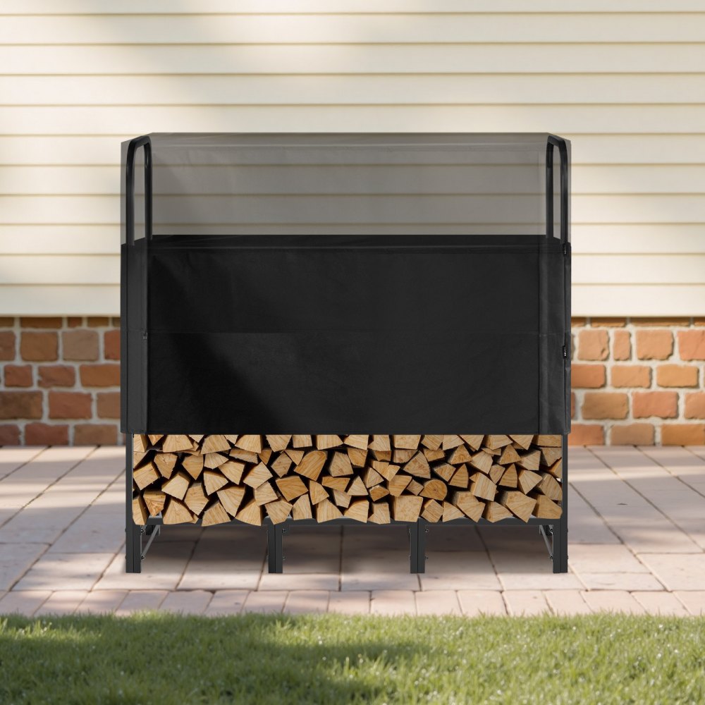 VEVOR Estante de Almacenamiento de Leña 122 x 32 x 118 cm Marco de Metal con Recubrimiento en Polvo con Media Cubierta Soporte de Leña Carga de 181,4 kg para Chimenea, Terraza, Patio, Jardín, Negro