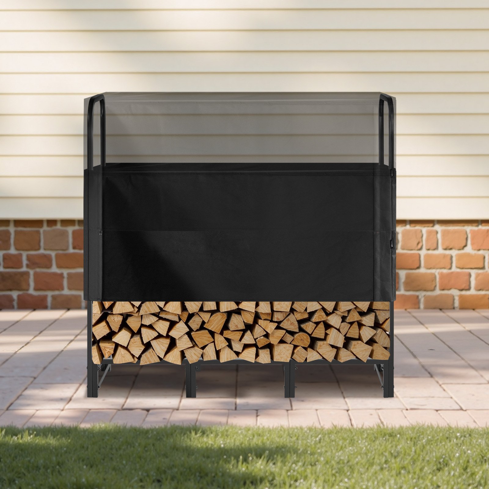VEVOR Estante de Almacenamiento de Leña 122 x 32 x 118 cm Marco de Metal con Recubrimiento en Polvo con Media Cubierta Soporte de Leña Carga de 181,4 kg para Chimenea, Terraza, Patio, Jardín, Negro