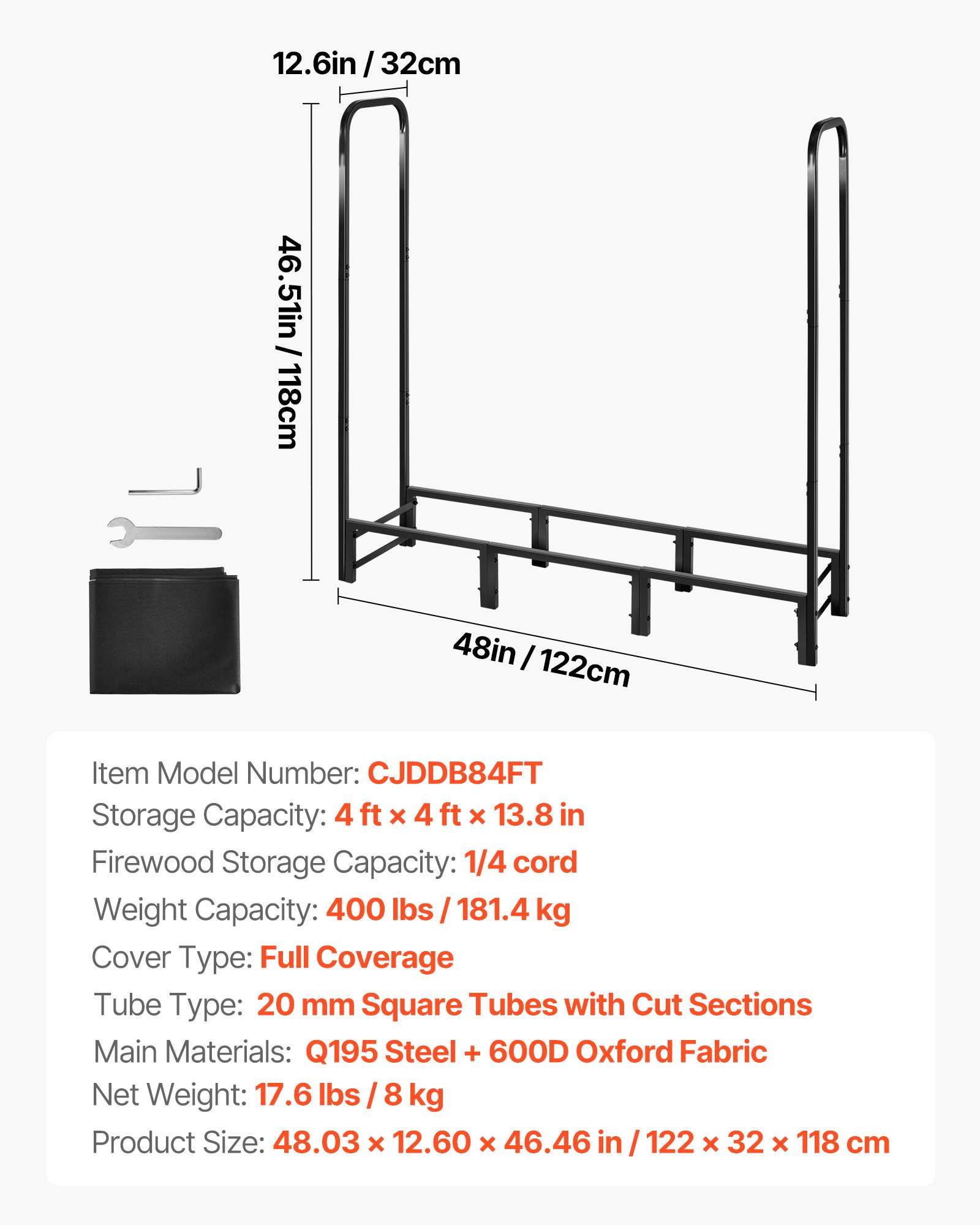VEVOR Estante de Almacenamiento de Leña 122 x 32 x 118 cm Marco de Metal con Recubrimiento en Polvo Soporte de Leña para Exterior con Cubierta Carga de 181 kg para Chimenea, Terraza, Jardín, Negro
