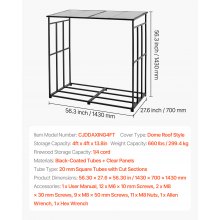 VEVOR Estante de Almacenamiento de Leña 143 x 70 x 143 cm Marco de Metal con Recubrimiento en Polvo Panel de Techo Soporte de Leña Carga de 299,4 kg para Chimenea, Terraza, Patio, Jardín, Negro