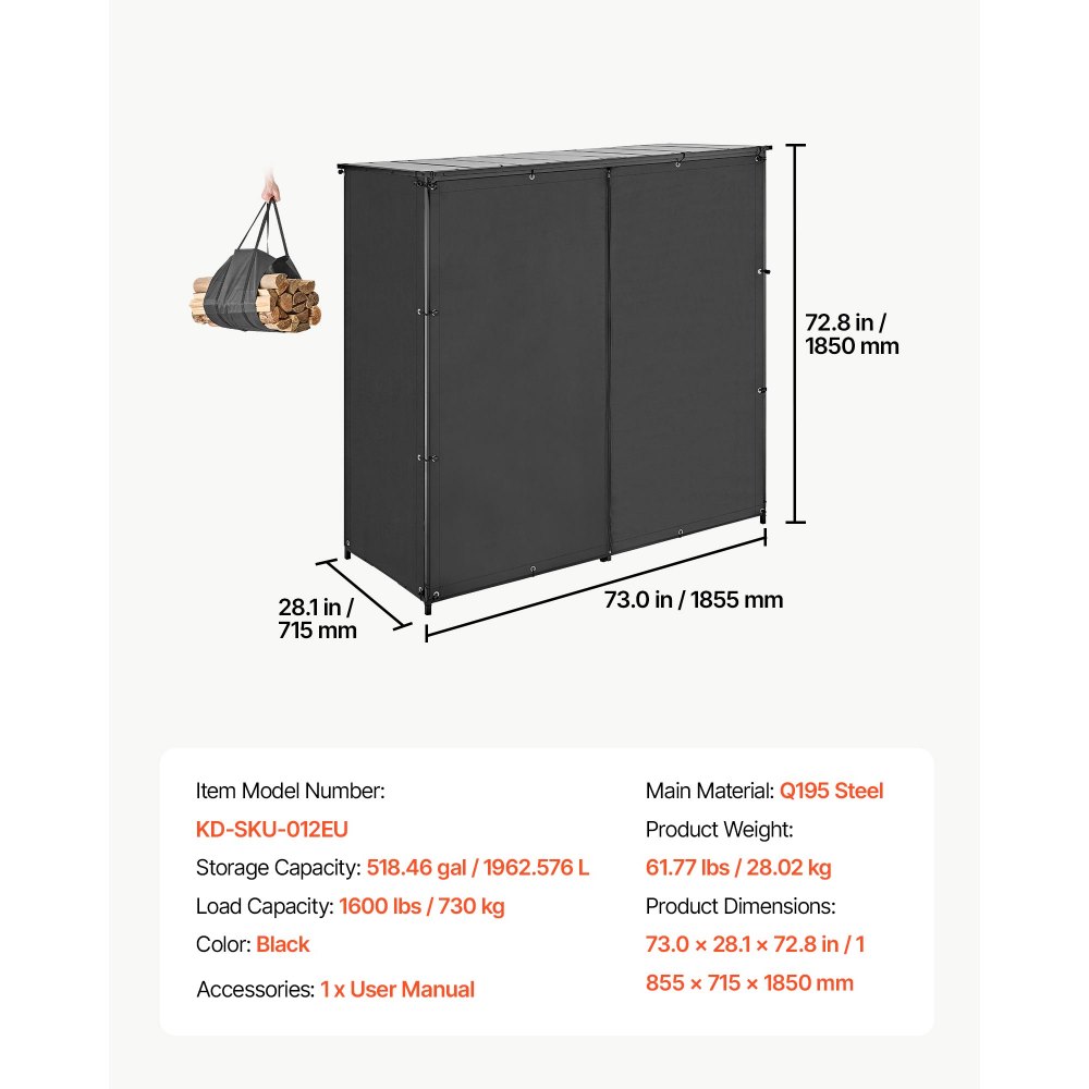 VEVOR Estantería de Leña para Exteriores Carga de 730 kg Soporte de Madera, Almacenamiento para Patio, Terraza, Jardín, con Cubierta Impermeable, 1850 x 715 x 1855 mm, Bolsa para Transportar Maderas