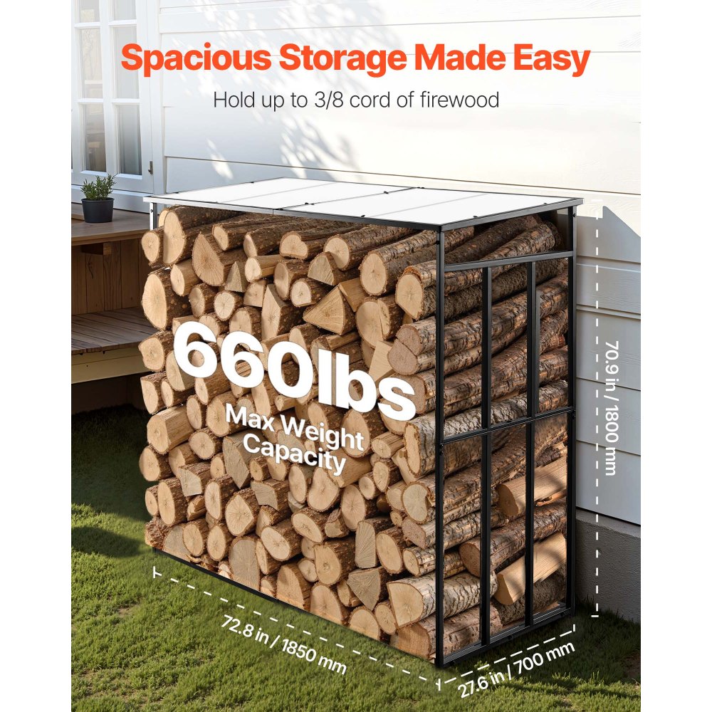 VEVOR Firewood Rack with Sloped Roof, 1.85m Outdoor Firewood Holder, 1/4 Cord Log Storage Shed, 299kg Max Weight Capacity, Powder-Coated Metal Wood Storage Rack for Fireplace Deck Backyard Garden