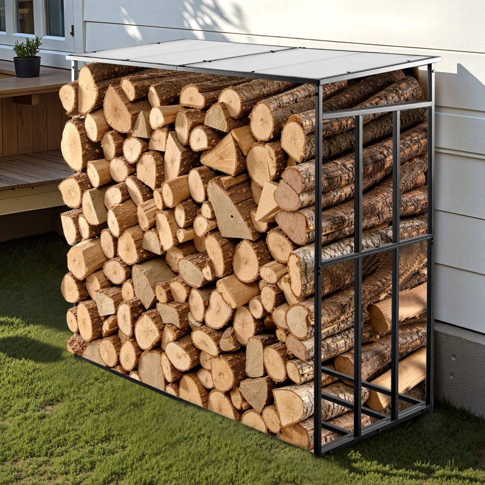 VEVOR Firewood Rack with Sloped Roof, 1.85m Outdoor Firewood Holder, 1/4 Cord Log Storage Shed, 299kg Max Weight Capacity, Powder-Coated Metal Wood Storage Rack for Fireplace Deck Backyard Garden