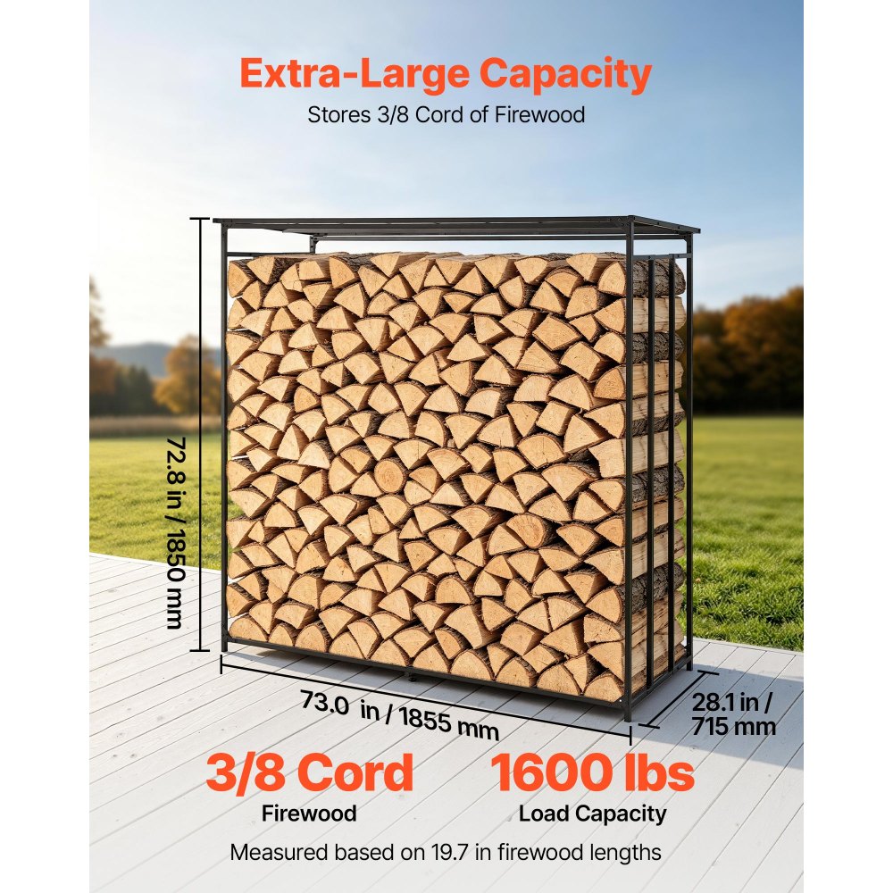 VEVOR Estantería de Leña para Exteriores 1850 x 715 x 1855 mm con Toldo, Soporte de Madera para Jardín, Patio, Terraza, Capacidad de Carga de 730 kg, Acero al Carbono, Bolsa para Transportar Madera