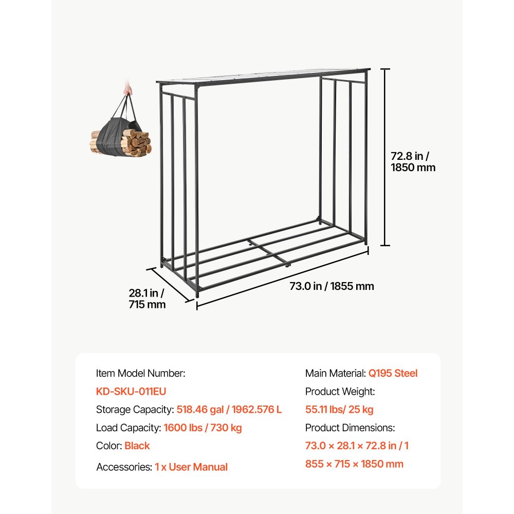 VEVOR Estantería de Leña para Exteriores 1850 x 715 x 1855 mm con Toldo, Soporte de Madera para Jardín, Patio, Terraza, Capacidad de Carga de 730 kg, Acero al Carbono, Bolsa para Transportar Madera