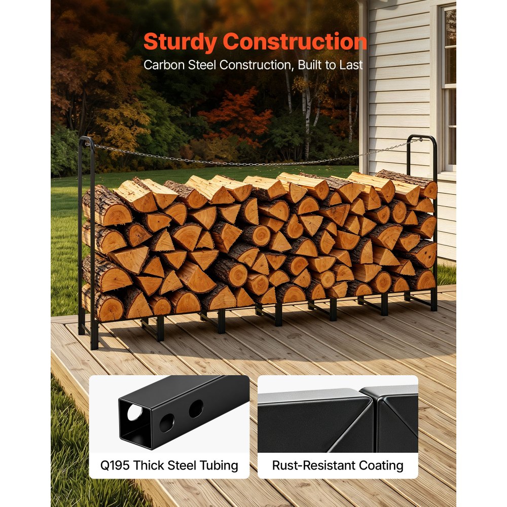 VEVOR Estantería de Leña para Exteriores Carga de 500 kg Soporte de Madera, Estante de Registro de Chimenea para Patio Jardín Terraza, Almacenamiento de Madera, 1185 x 320 x 2415 mm, Acero al Carbono
