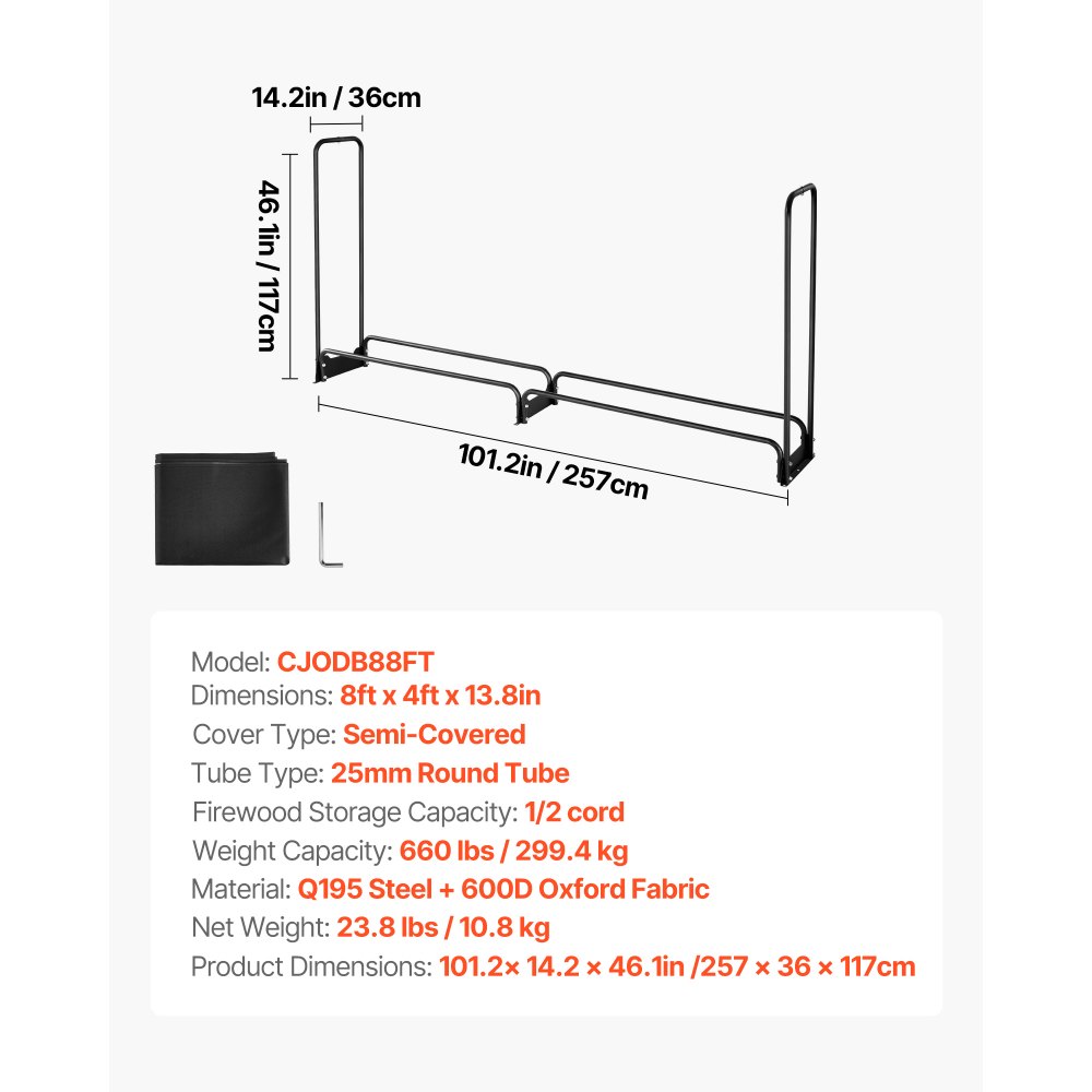VEVOR Estante de Almacenamiento de Leña 257x36x117 cm Marco de Metal con Recubrimiento en Polvo Soporte de Leña con Cubierta para Exterior Carga de 299,4 kg para Chimenea, Terraza, Jardín, Negro