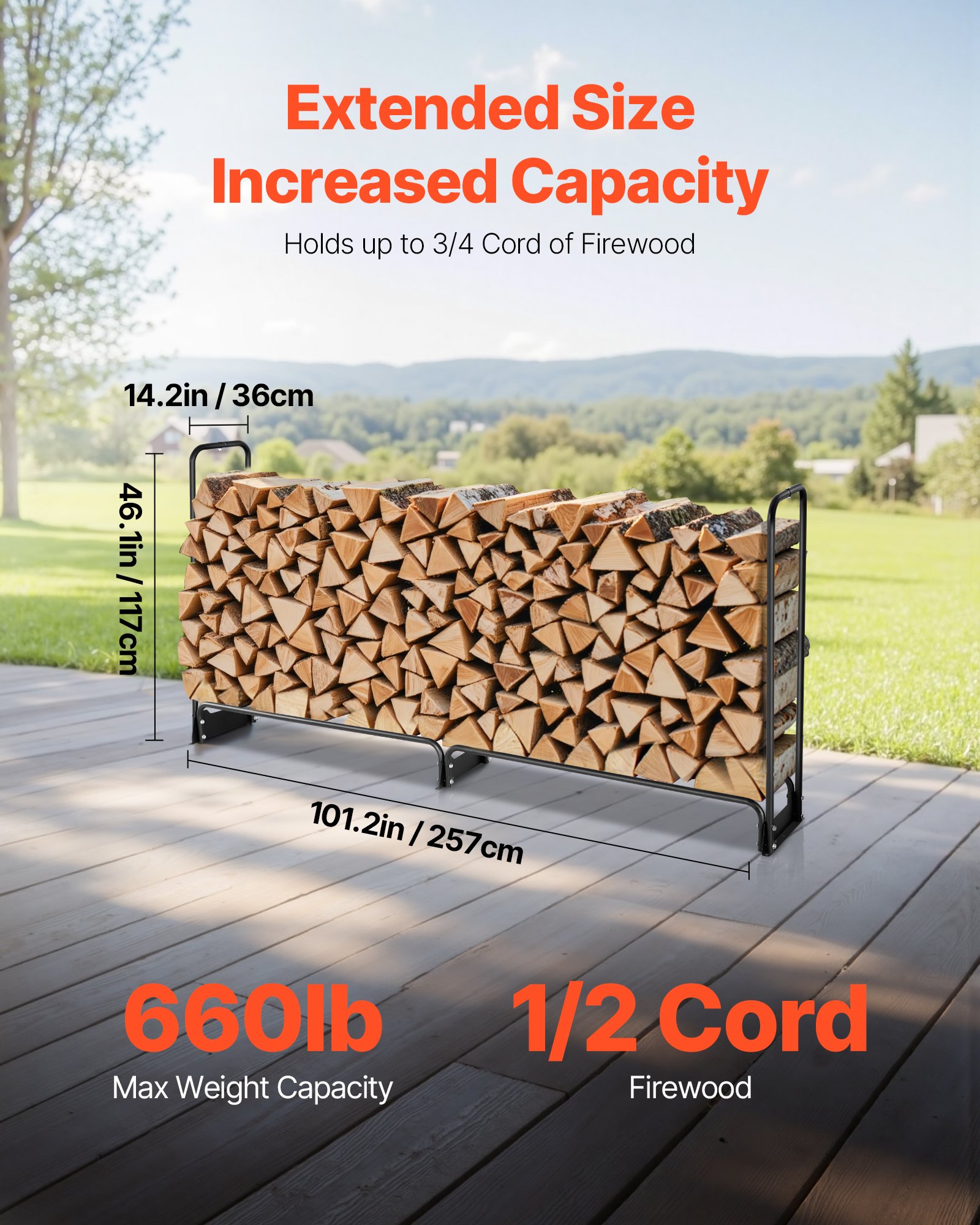 VEVOR Estante de Almacenamiento de Leña 257x36x117 cm Marco de Metal con Recubrimiento en Polvo Soporte de Leña con Cubierta para Exterior Carga de 299,4 kg para Chimenea, Terraza, Jardín, Negro