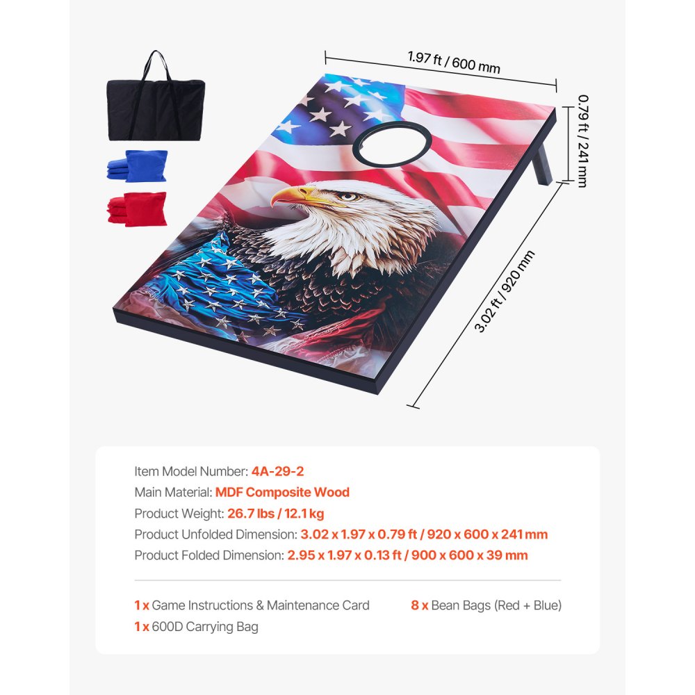 VEVOR Cornhole Game Set (920 x 600 x 241 mm) Cornhole Game Boards, Portable Throwing Board Made of MDF Wood, Cornhole Game for Adults, Includes 8 Bean Bags & Carrying Bag, for Garden, Backyard, Beach