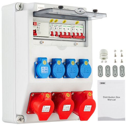 VEVOR Caja de Distribución Eléctrica 2x16 A/1x32 A Caja Modular Estanca AC 230/400 V Caja de Distribución de Energía Eléctrica 300 x 400 x 200 mm con Carcasa IP65 y Enchufe IP44 para Uso Doméstico