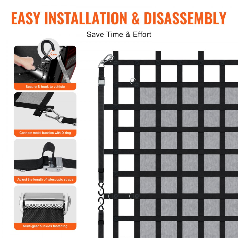 VEVOR Cargo Net, 2440 x 2060 mm, Truck Bed Net, 4 Adjustable Straps with Carabiners & S-Hooks, Wear-Resistant & Weatherproof Transport Net, Luggage Net Suitable for Pickup, Truck, Jeep, SUV, Boat