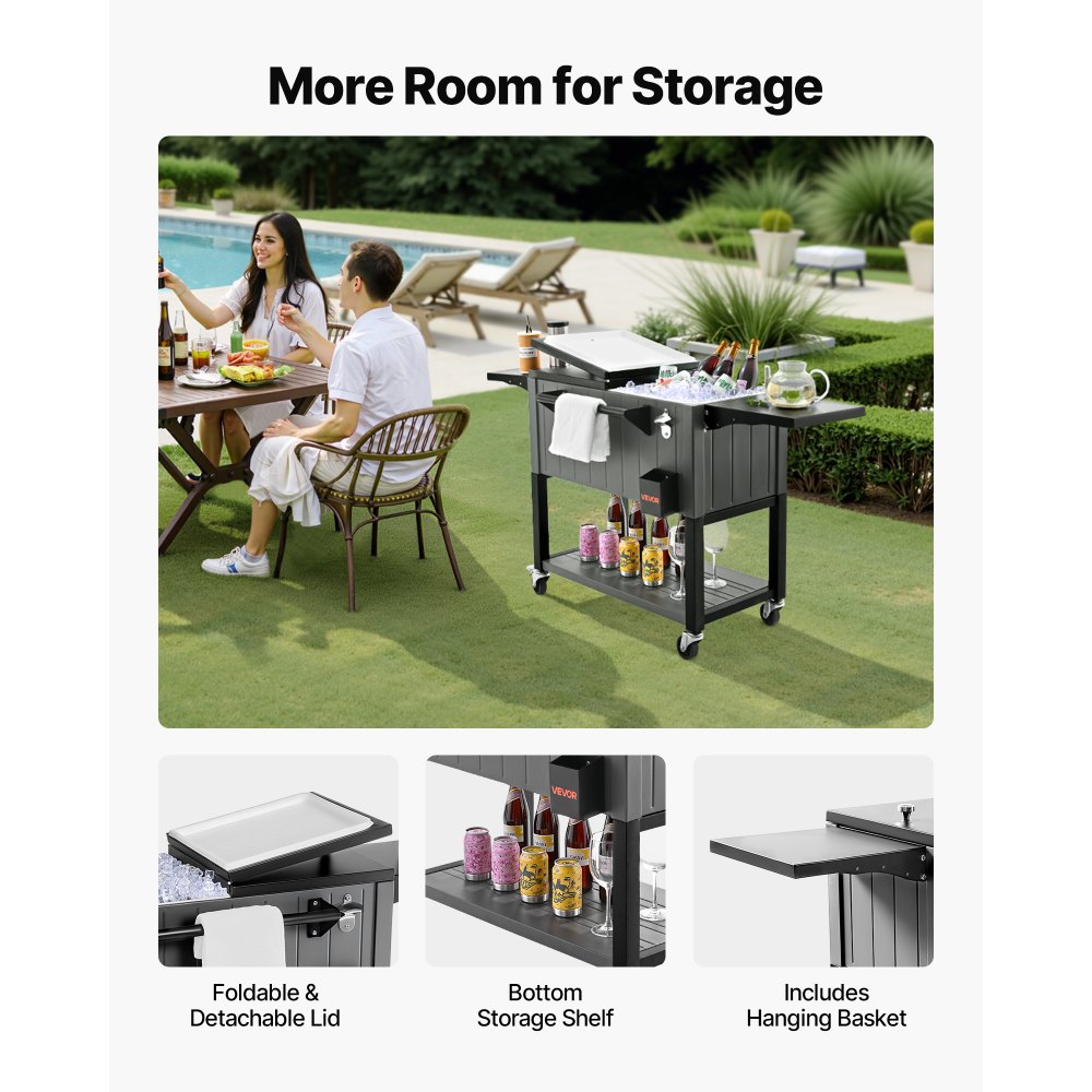 VEVOR Carrito Nevera con Ruedas 75,71 L, Carrito Refrigerador con Estantes Laterales e Inferior, Abridor de Botellas, Enfriador de Bebidas Portátil para Patios, Camping, Fiestas en Piscina, Exterior