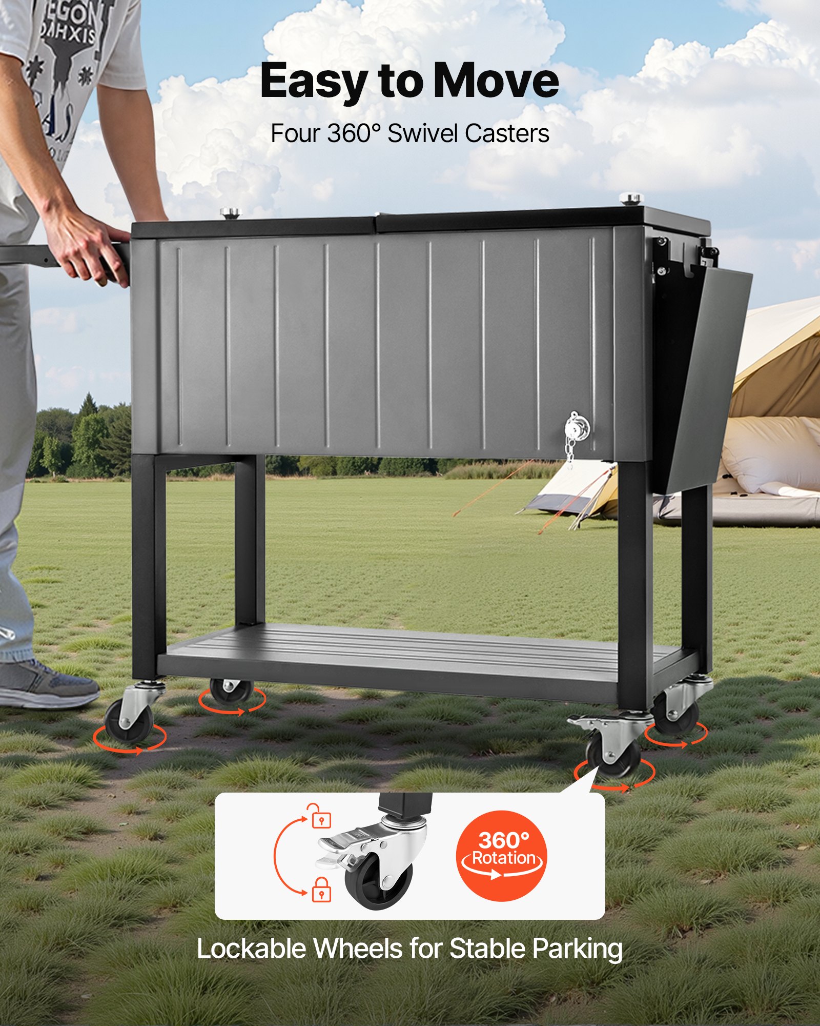 VEVOR Carrito Nevera con Ruedas 75,71 L, Carrito Refrigerador con Estantes Laterales e Inferior, Abridor de Botellas, Enfriador de Bebidas Portátil para Patios, Camping, Fiestas en Piscina, Exterior