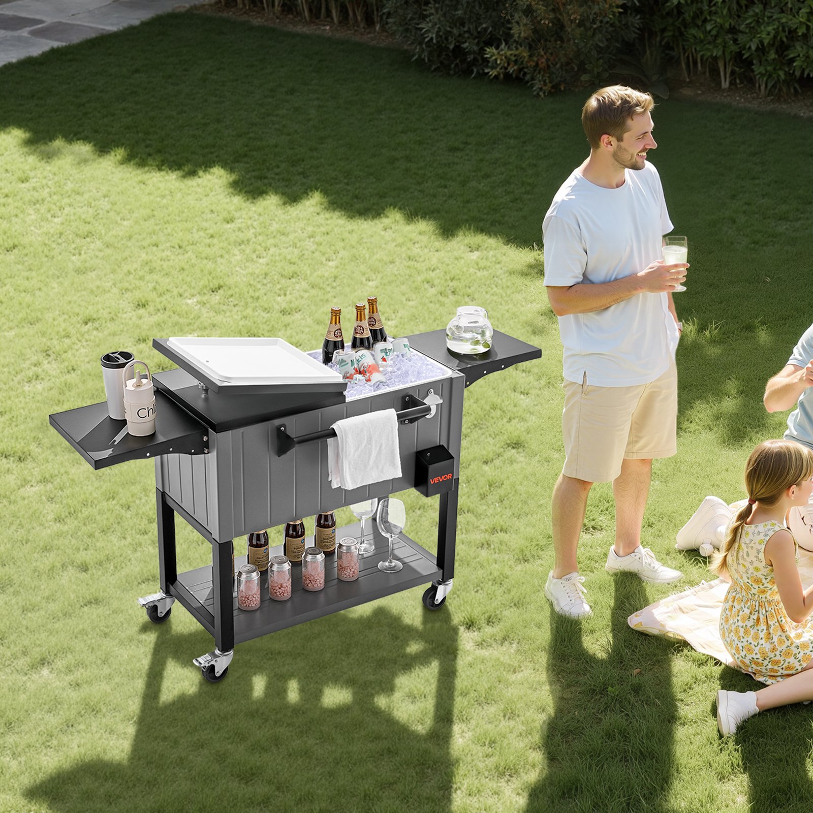 VEVOR 75.7L Rolling Ice Chest, Hold up to 50 Bottles / 110 Cans, Portable Patio Party Bar Drink Cooler Cart with Bottom Shelf & Foldable Side Shelves, Beverage Pool with Swivel Wheels & Bottle Opener