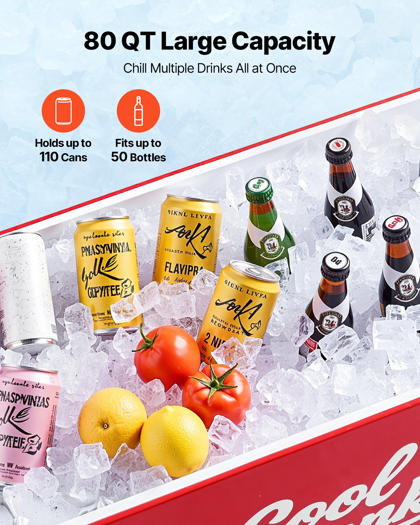 VEVOR Carrito Nevera con Ruedas 75,71 L, Carrito Refrigerador con Abridor de Botellas, Enfriador de Bebidas Portátil para Patios, Camping, Fiestas en Piscina, Exterior, 915 x 465 x 880 mm, Rojo