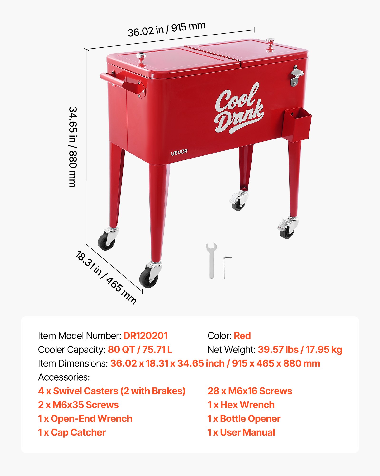 VEVOR Carrito Nevera con Ruedas 75,71 L, Carrito Refrigerador con Abridor de Botellas, Enfriador de Bebidas Portátil para Patios, Camping, Fiestas en Piscina, Exterior, 915 x 465 x 880 mm, Rojo