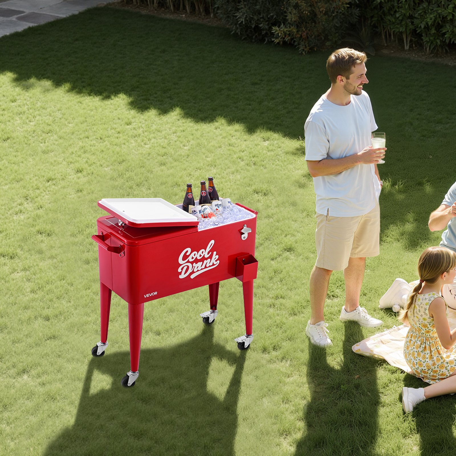 VEVOR Carrito Nevera con Ruedas 75,71 L, Carrito Refrigerador con Abridor de Botellas, Enfriador de Bebidas Portátil para Patios, Camping, Fiestas en Piscina, Exterior, 915 x 465 x 880 mm, Rojo