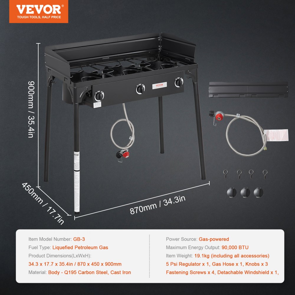 VEVOR Estufa de Camping al Aire Libre Estufa de Gas para Barbacoa Estufa de Camping de 3 Quemadores 87x45x90 cm Parrilla de Gas de 90000 BTU Uso al Aire Libre para Eventos, Carnaval, Fiestas de Boda